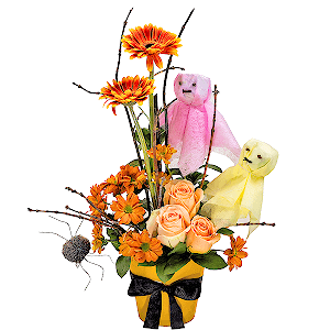 Bacardi Yellow Spray Chrysanthemum - 2, Rose Cream 50 cm - 4, Gerbera yellow - 3, Ruscus, Plastic planter, Oasis, Wire spider, Felt, Ribbon