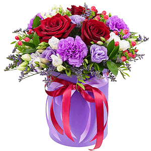Red rose 50 cm - 4, Lilac carnation - 4, lisianthus - 1, Purple Lisianthus (Eustoma) - 3, Round flower box small , Oasis, Film, Pistachio, Ruscus, Hypericum, Limonium (1 pc.), Ribbon