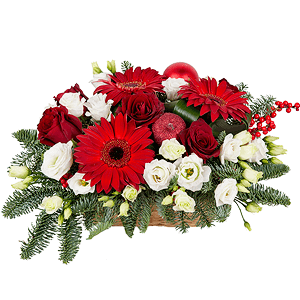 Gerbera red - 5, lisianthus - 4, Red rose 50 cm - 7, Medium Basket, Oasis, Aspidistra (1 pc.), Hypericum, Christmas decor (set), Spruce branches (1pc.), Christmas decor (set)