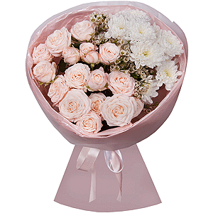 Peony sprayrose - 4, Baltica White Spray Chrysanthemum - 3, Waxflower (1 pc.), Wrapping Paper