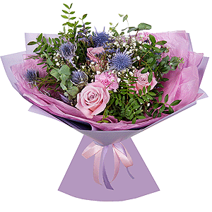 Pink rose 50 cm - 3, Pink carnation - 5, Gypsophila - 3, Eryngium, Pistachio, Eucalyptus, Wrapping Paper
