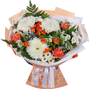 Magnum White Chrysanthemum - 3, Santini White Spray Chrysanthemum - 4, Spray rose: yellow, orange 50 cm - 3, Orange carnation - 5, White spray carnation - 5, Alstromeria white, soft pink - 5, Fern (1 pc.), Pistachio, Brunia Green Lanuginosa (1 pc.), Veronica spray, Wrapping Paper