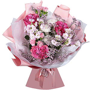 Peony rose Kahala 50 cm - 5, Baltica White Spray Chrysanthemum - 1, Matthiola Lilac - 3, Pink spray carnation - 5, Limonium (1 pc.), Wrapping Paper