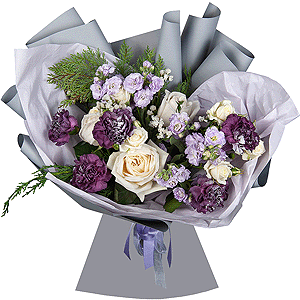 Peony style roses - 3, Spray rose: white, cream, light pink 50 cm - 2, Lilac carnation - 9, Matthiola Lilac - 2, Thuja, White statice, Wrapping Paper