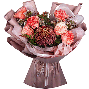 Chrysanthemum Bigoudi purple - 1, Peony rose Kahala 50 cm - 3, Orange carnation - 5, Waxflower (1 pc.), Pistachio, Wrapping Paper