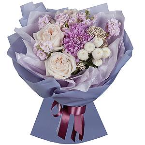 Magnum Purple Chrysanthemum - 1, Peony style roses - 5, Matthiola Lilac - 2, Newton White Spray Chrysanthemum - 1, Ozotamnus, Wrapping Paper