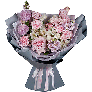 Momoko Chrysanthemum - 2, Newton White Spray Chrysanthemum - 3, Pink Lisianthus (Eustoma) - 2, Matthiola Lilac - 2, Peony sprayrose - 3, Pink carnation - 9, Alstromeria white, soft pink - 3, Peony rose pink 'OHara' - 3, Wrapping Paper