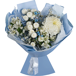 Chrysanthemum white Bigoudi - 1, Newton White Spray Chrysanthemum - 2, Alstromeria white, soft pink - 6, Oksipetalum, Limonium (1 pc.), Dried flowers in assortment, Wrapping Paper