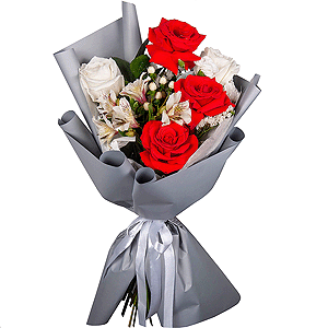 Red rose Nina 50 cm - 5, White rose 50 cm Ecuador - 4, Alstromeria white, soft pink - 2, White spray carnation - 2, Hypericum, Ruscus, White statice, Wrapping Paper