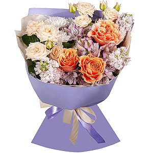 Pink-orange rose Phoenix 50 cm - 3, Spray rose: white, cream, light pink 50 cm - 2, Alstromeria lilac, purple - 11, Matthiola Lilac - 3, Baltica White Spray Chrysanthemum - 1, Wrapping Paper