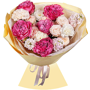 Pink rose Country Blues 50 cm - 5, Peony sprayrose - 2, Baltica White Spray Chrysanthemum - 1, Matthiola Lilac - 3, Carnation white, cream - 13, Wrapping Paper