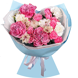 Pink rose Country Blues 50 cm - 3, Bright pink spray rose mix, 50 cm - 3, Baltica White Spray Chrysanthemum - 1, Carnation white, cream - 7, Alstromeria white, soft pink - 6, Wrapping Paper