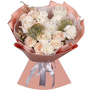 White rose 50 cm Ecuador - 5, Baltica White Spray Chrysanthemum - 1, Peony sprayrose - 2, Carnation white, cream - 4, Moluccella, Astilbe, Wrapping Paper