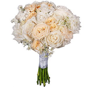 Carnation white, cream - 7, White rose 50 cm Ecuador - 5, Spray rose: white, cream, light pink 50 cm - 2, lisianthus - 4, Gypsophila - 2, Ribbon