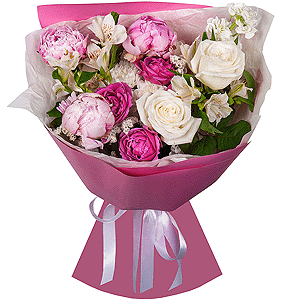 White rose 50 cm Ecuador - 2, Peony pink - 3, Peony sprayrose - 1, White Matthiola - 1, Alstromeria white, soft pink - 5, Baltica White Spray Chrysanthemum - 1, Wrapping Paper, White statice