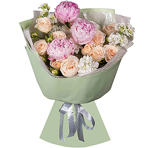 Peony pink - 3, Spray rose: white, cream, light pink 50 cm - 2, White Matthiola - 3, Baltica White Spray Chrysanthemum - 3, Wrapping Paper