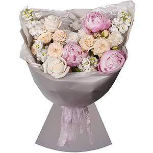 Peony pink - 3, White Matthiola - 4, Spray rose: white, cream, light pink 50 cm - 2, White rose 50 cm Ecuador - 5, Baltica White Spray Chrysanthemum - 5, Wrapping Paper