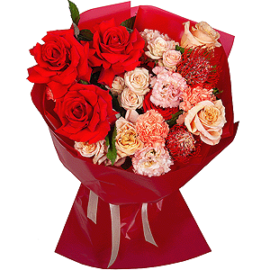 Red rose Nina 50 cm - 5, Cream Rose 50 cm Ecuador (Creme Caramel) - 4, Carnation white, cream - 3, Pink Lisianthus (Eustoma) - 2, Spray rose: white, cream, light pink 50 cm - 2,  Raspberry branch, Wrapping Paper, Nutan