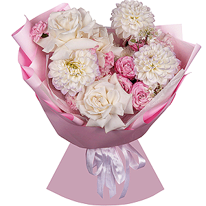 White rose 50 cm Ecuador - 7, White Dahlia - 3, Peony sprayrose - 1, Pink Lisianthus (Eustoma) - 2, Pink spray carnation - 8, Baltica White Spray Chrysanthemum - 1, Wrapping Paper