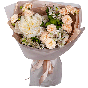 Peony white - 1, Baltica White Spray Chrysanthemum - 1, Spray rose: white, cream, light pink 50 cm - 3, Alstromeria white, soft pink - 9, Athos pom Feeling Green - 1, White statice, Wrapping Paper