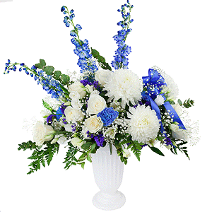 Magnum White Chrysanthemum - 4, White rose 50 cm - 12, lisianthus - 4, Alstromeria white, soft pink - 3, Blue carnation - 4, Gypsophila - 2, Oasis, Blue Delphinium, Blue Statice, Fern (1 pc.), Eucalyptus Cinerea, Ribbon