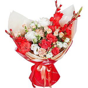 White rose 50 cm - 3, Red rose Nina 50 cm - 3, Spray rose: white, cream, light pink 50 cm - 4, lisianthus - 3, Pink carnation - 4, Red Gladiolus - 4, Limonium (1 pc.), Wrapping Paper