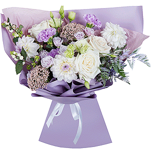 White rose 50 cm - 5, White Dahlia - 3, Lilac carnation - 5, Spray rose: white, cream, light pink 50 cm - 2, lisianthus - 2, Ozotamnus, Fern (1 pc.), Symphoricarpos, Wrapping Paper