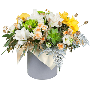 Yellow rose 50 cm - 5, Spray rose: white, cream, light pink 50 cm - 6, lisianthus - 5, Yellow chrysanthemum  single-headed Anastasia - 4, White rose 50 cm - 4, Round flower box medium, Oasis, Fern (1 pc.), Eucalyptus populus (1 pc.), Wrapping Paper, Dried flowers decor, Echeveria small