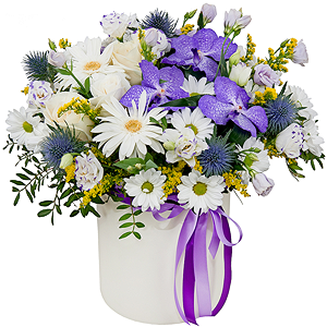 Vanda Orchid bud - 5, Gerbera white - 3, White rose 50 cm - 5, Bacardi White Spray Chrysanthemum - 5, Lilac carnation - 3, lisianthus - 6, Round flower box medium, Oasis, Film, Pistachio, Flask for orchids, Aspidistra (1 pc.), Solidago (1 pc.), Ribbon, Eryngium