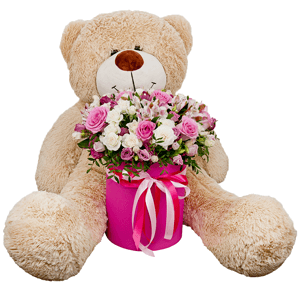 Pink rose 50 cm - 15, Alstromeria white, soft pink - 6, Spray rose: white, cream, light pink 50 cm - 12, Pink Lisianthus (Eustoma) - 7, Round flower box medium, Oasis, Film, Pistachio, Teddy bear 90 cm, Ribbon