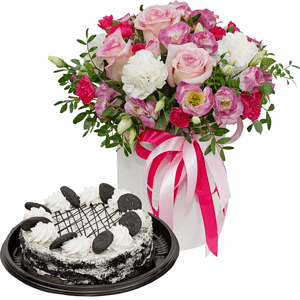 Carnation white, cream - 6, Pink Lisianthus (Eustoma) - 7, Pink spray carnation - 5, Pink rose 50 cm - 5, Round flower box small , Oasis, Film, Pistachio, Ribbon, Cake in assortment