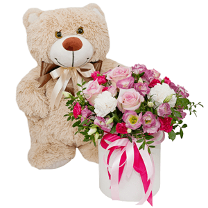 Carnation white, cream - 6, Pink Lisianthus (Eustoma) - 7, Pink rose 50 cm - 5, Round flower box small , Oasis, Film, Pistachio, Ribbon, Taddy Bear 45 cm