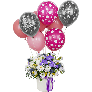 Vanda Orchid bud - 4, Gerbera white - 3, White rose 50 cm - 5, Bacardi White Spray Chrysanthemum - 5, Lilac carnation - 4, lisianthus - 6, Round flower box medium, Oasis, Film, Pistachio, Flask for orchids, Aspidistra (1 pc.), Eryngium, Solidago (1 pc.), Ribbon, Helium Balloon (1 pc.)