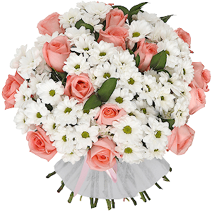 Pink rose 50 cm - 21, Bacardi White Spray Chrysanthemum - 19, Ruscus, Felt, Ribbon