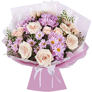 Rose Cream 50 cm - 9, Spray rose: white, cream, light pink 50 cm - 4, Bacardi Pink Spray Chrysanthemum - 4, Pistachio, Wrapping Paper