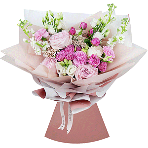 Peony rose pink 'OHara' - 3, White rose 50 cm - 3, lisianthus - 3, White Matthiola - 3, Pink carnation - 5, Bright pink spray rose mix, 50 cm - 4, Ozotamnus, Wrapping Paper