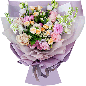 Pink rose 50 cm - 4, Rose Powder 50 cm Ecuador (Quicksand, Menta) - 3, Spray rose: white, cream, light pink 50 cm - 3, Purple Lisianthus (Eustoma) - 3, White Matthiola - 3, Pink carnation - 4, Bright pink spray rose mix, 50 cm - 3, Hypericum, Wrapping Paper