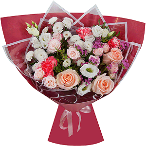 Athos poms Stallion - 4, Spray rose: white, cream, light pink 50 cm - 3, Rose Cream 50 cm - 5, Pink carnation - 3, lisianthus - 1, Pink Statice, Pistachio, Wrapping Paper