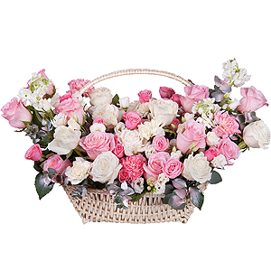 White Matthiola - 3, Pink rose 50 cm - 17, White rose 50 cm - 14, Pink carnation - 5, lisianthus - 5, Spray rose: white, cream, light pink 50 cm - 5, lisianthus - 5, Carnation white, cream - 4, Large Basket, Oasis, Eucalyptus Cinerea