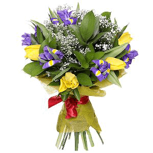 Irises - 9, Yellow tulip - 10, Gypsophila - 1, Ruscus, Felt, Ribbon