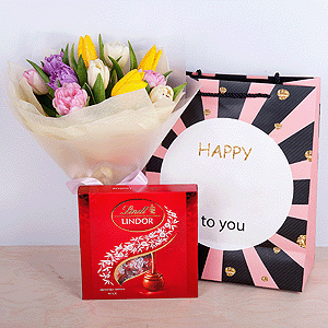 Yellow tulip - 4, Pink tulip - 4, Lilac tulip - 3, Tulip white - 4, Wrapping Paper, Ribbon, Lindt Candy Box, Present bag