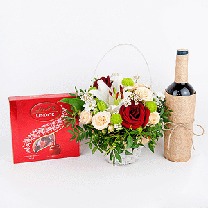 Gift set with lilies, sweets and non-alcoholic wine with delivery Yaroslavl