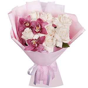 Pink Cymbidium Orchid Bud - 5, White rose 50 cm Ecuador - 11, Flask for orchids, Wrapping Paper