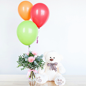 Gift set "Gerberas, teddy bear and balloons" with delivery Yaroslavl