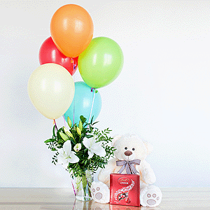 Gift set "Lilies, teddy bear, balloons and sweets" with delivery Yaroslavl