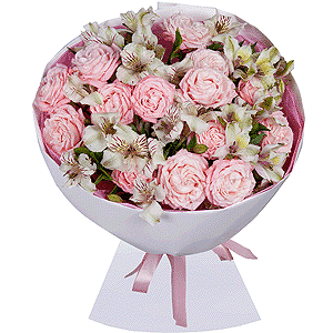 Peony sprayrose - 7, Alstromeria white, soft pink - 8, Wrapping Paper, Ribbon