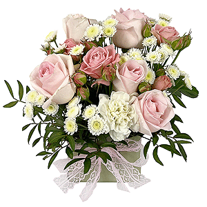 Pink rose 50 cm - 7, Carnation white, cream - 2, Bright pink spray rose mix, 50 cm - 2, Athos poms Stallion - 2, Oasis, Wrapping Paper, Pistachio