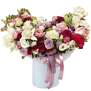 Peony style roses - 3, White rose 50 cm Ecuador - 7, Spray rose: red 50 cm - 7, Spray peony rose Misty Bubbles, 50 cm - 3, lisianthus - 5, Matthiola Lilac - 3, Pink carnation - 4, Peony rose pink 'OHara' - 7, Spray peony rose Lavander, 50 cm - 2, Carnation white, cream - 5, Pink Matthiola - 3, Round flower box medium, Oasis, Eucalyptus Cinerea, Viburnum, Hypericum, Ribbon