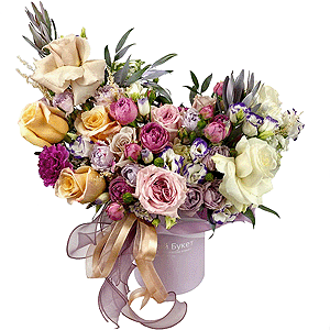 Rose Cream 50 cm - 7, White rose 50 cm - 6, Pink carnation - 5, White Matthiola - 4, Peony rose pink 'OHara' - 3, Spray peony rose Lavander, 50 cm - 2, Purple Lisianthus (Eustoma) - 3, Spray peony rose Misty Bubbles, 50 cm - 2, Carnation white, cream - 4, Round flower box small , Oasis, Ruscus italian, Leukodendron, Ribbon