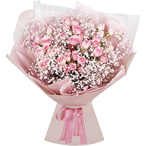 Bright pink spray rose mix, 50 cm - 9, Colored gypsophila - 9, Wrapping Paper